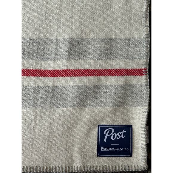 Faribault Mills throw Blanket 100% wool off white gray red striped made in usa - Picture 1 of 16